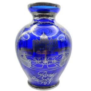 Cobalt Blue Glass Vase Rome Italy Roma Anno Santo 1950 Silver Overlay MCM